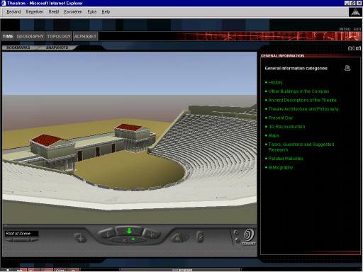 THEATRON interface with the model of the Lycurgan-phase theatre of Dionysos, Athens seen from the first diazoma. On the right-hand side is the window with links to the general information categories. 