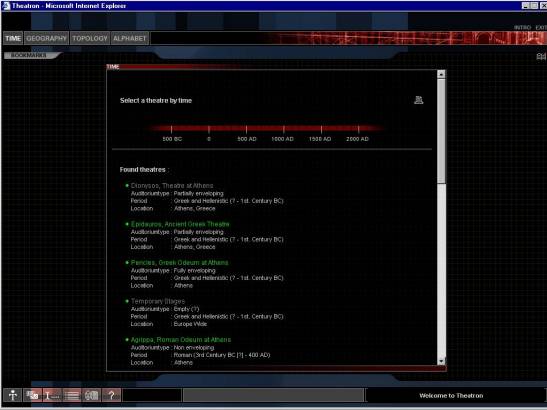 THEATRON interface showing chronological index of theatres